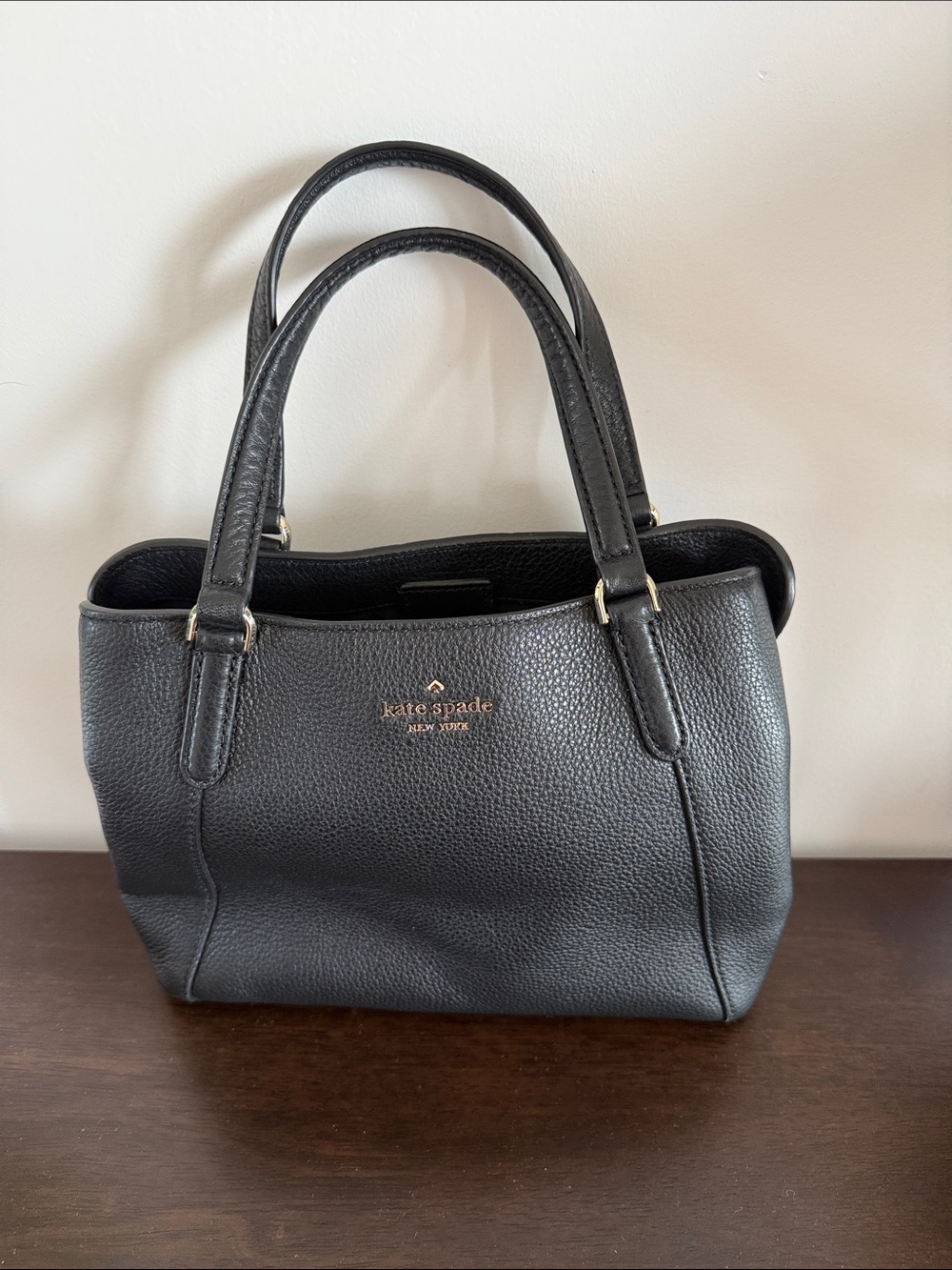 kate spade Black Pebbled Leather Top-Handle Satchel with Gold Logo